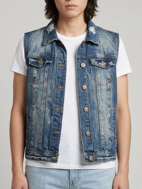 Y2K Grunge Denim Vest 100% Cotton Distressed Sleeveless Trucker Jacket XL